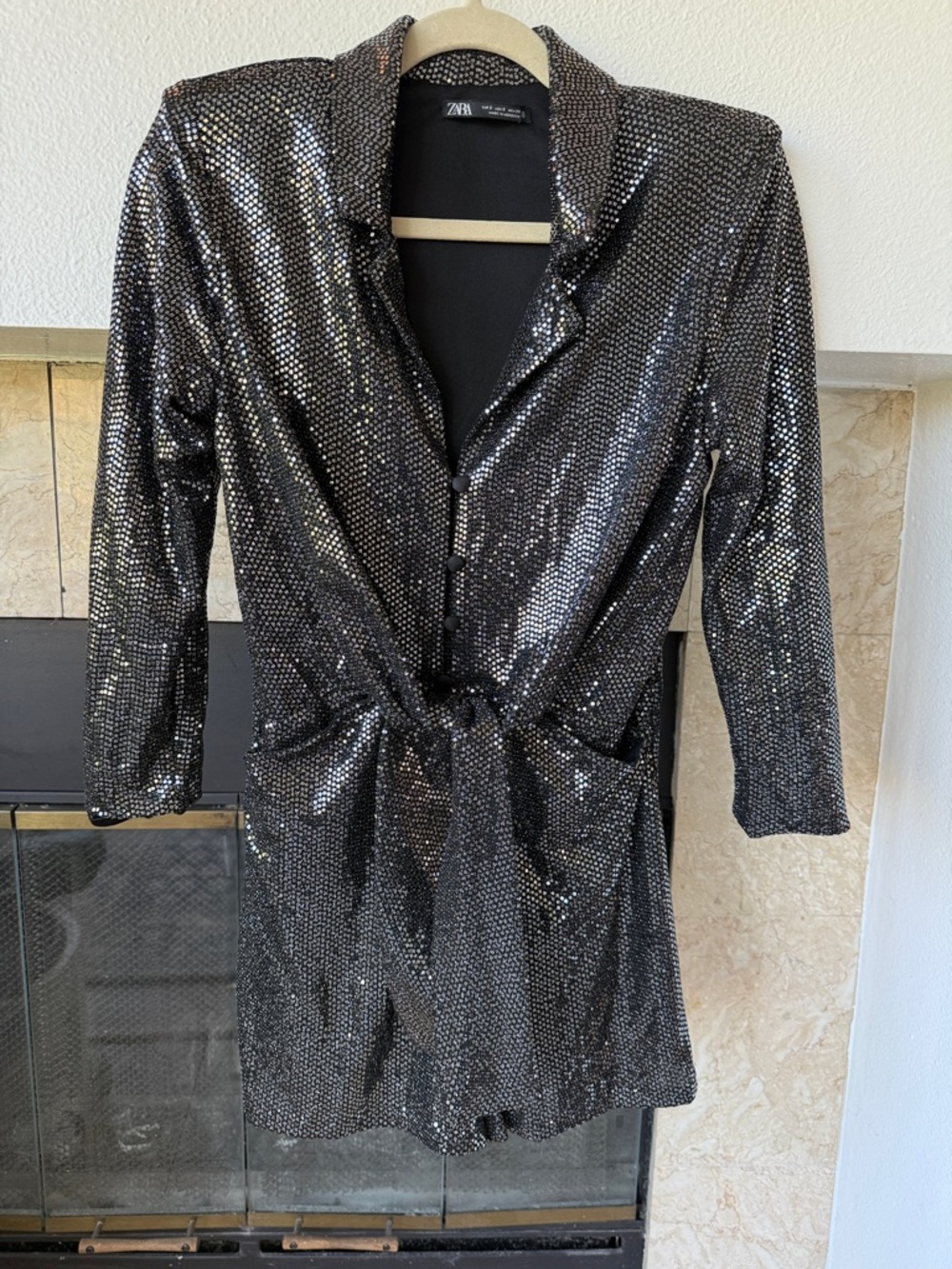 Zara Gunmetal Sequin Blazer Romper Shorts Tie Front Size S